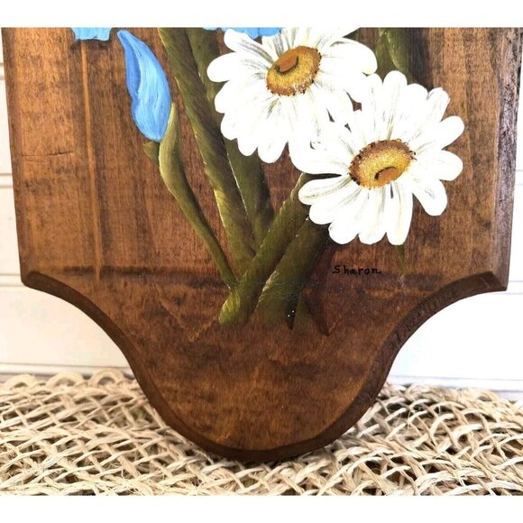 Vintage Floral Wall Plaque, Hand Painted Irises and Daisies, Solid Maple, EUC - Picture 5 of 10